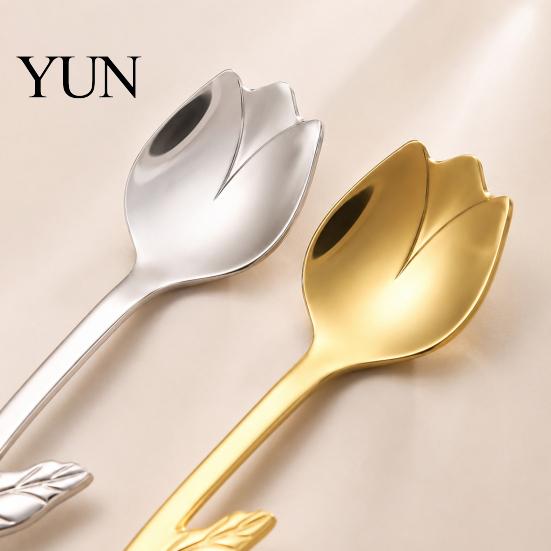 Cup Edge Hanging Spoon Tulip Shaped Stainless Steel Spoon, Long Handle Coffee Ice Cream Hook Tea Dessert Serving with Hook, Kitchen Flatware Utensils