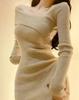 Korean Style Mini Knitted One-piece Dress Women Long Sleeve Tunic Cabaret Dresses Khaki Winter Spring Clothes