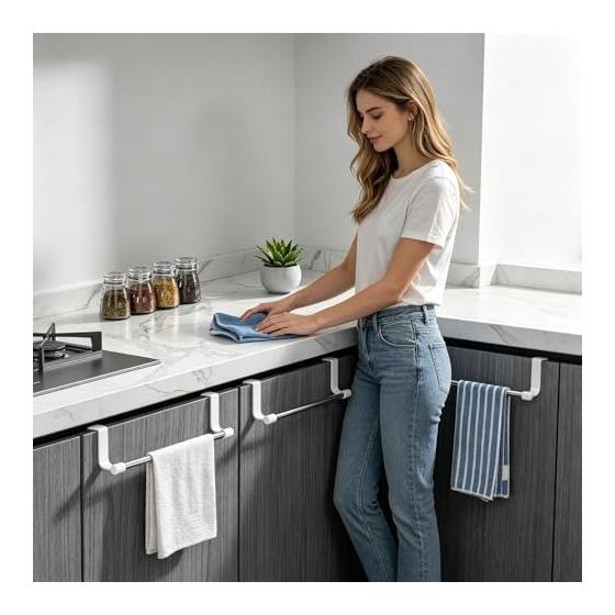 Over Cabinet Towel Holder - Sleek Adhesive Stainless Steel Organizer, Space Saving Hanging Rack | Multifunctional Kitchen Bathroom Storage Accessory