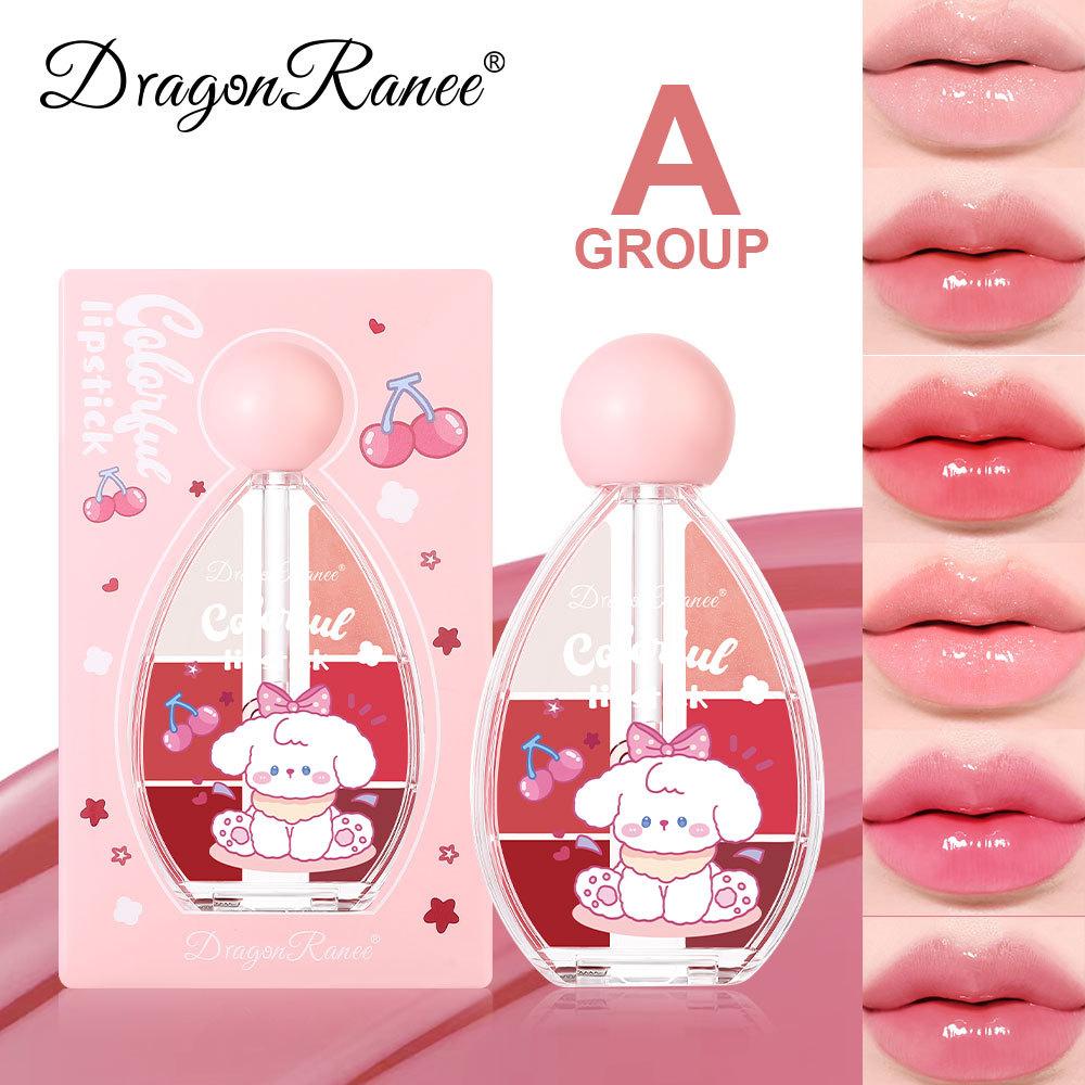 Six-color Strawberry Mirror Jelly Lipstick Palette Juicy Pink Solid Lip Gloss Set Moisturizing Lip Oil Tint with Silicone Brush