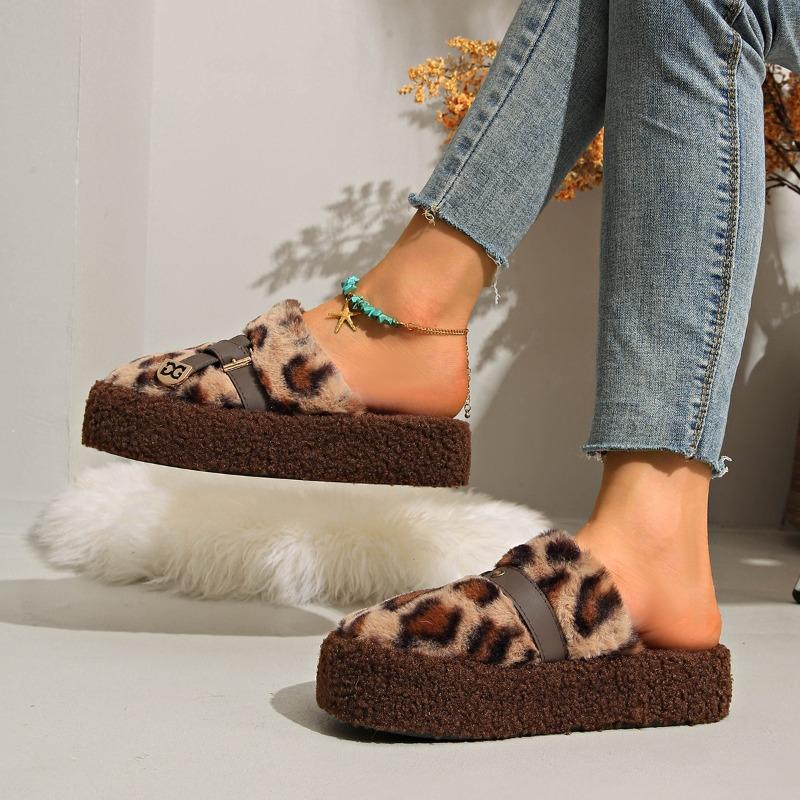 Autumn thick-soled cotton slippers fluffy slippers women's autumn and winter new feeling leopard print outer wear plush bag head slippers
