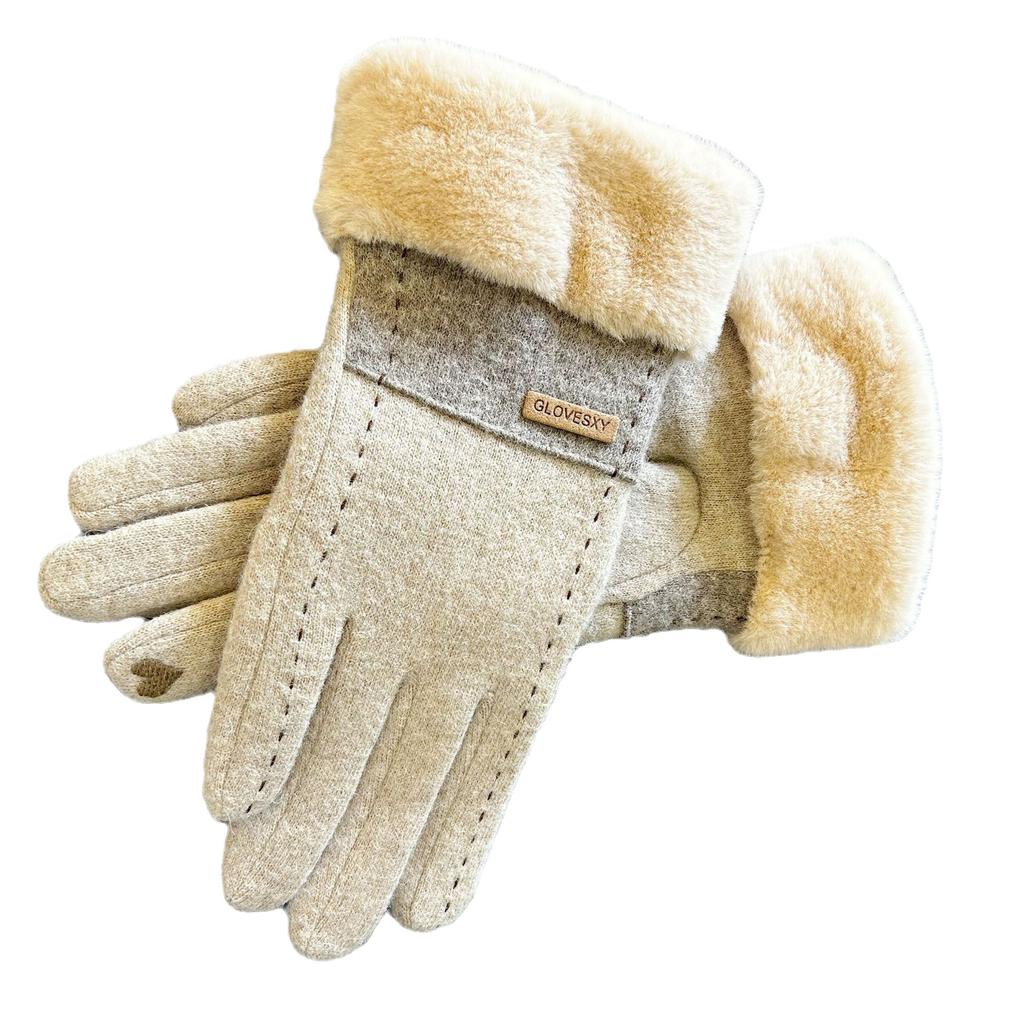Women's Wool Warm Gloves for Autumn and Winter Korean Style Fashion Touch Screen Plus Velvet Thickened Riding Color Blocking Cold Hair Sticker Label