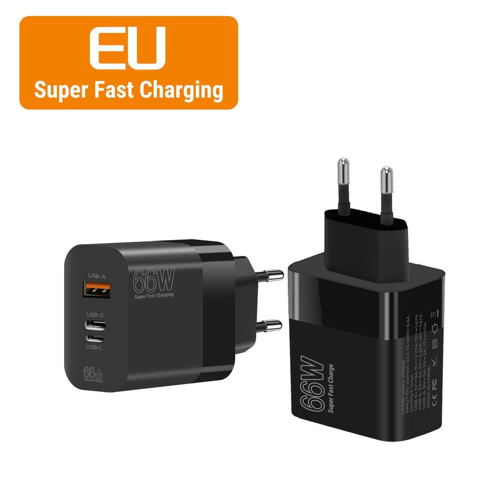 66W Ultra-Fast Charging Adapter with EU/US/UK Plug for Apple, Huawei, Xiaomi Phones