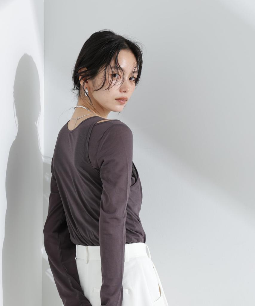 Nano Universe Sheer Tank Top and Long Layered F Women's T-Shirt Set, 023, Charcoal, 669-5123307