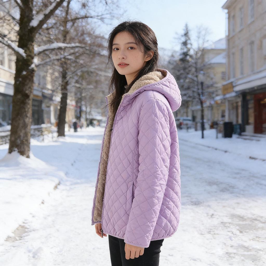 Fashion Solid Color Top Slim Coat Lamb Wool Hooded Close Thick Warm Cotton-padded Jacket Women's Plus-size Casual