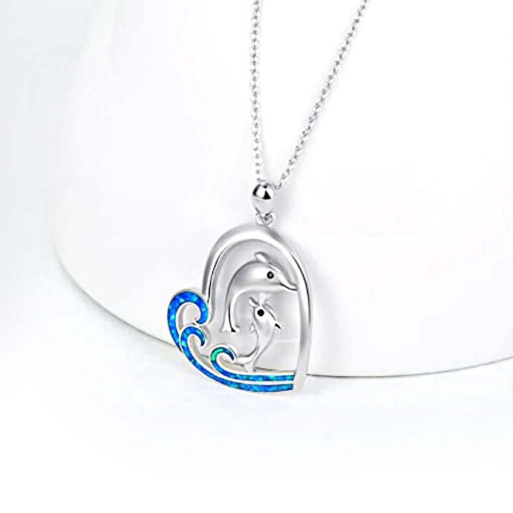 Mother and Baby Dolphin Heart Pendant Necklace with Blue Wave Inlay Ocean Inspired Sentimental Jewelry for Women