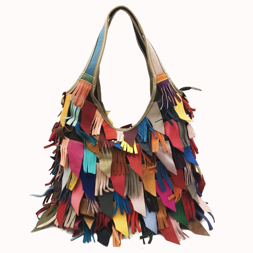 Women's European & American Genuine Leather Tassel Patchwork Tote Crossbody Bag - Colorful, Fashionable & Versatile