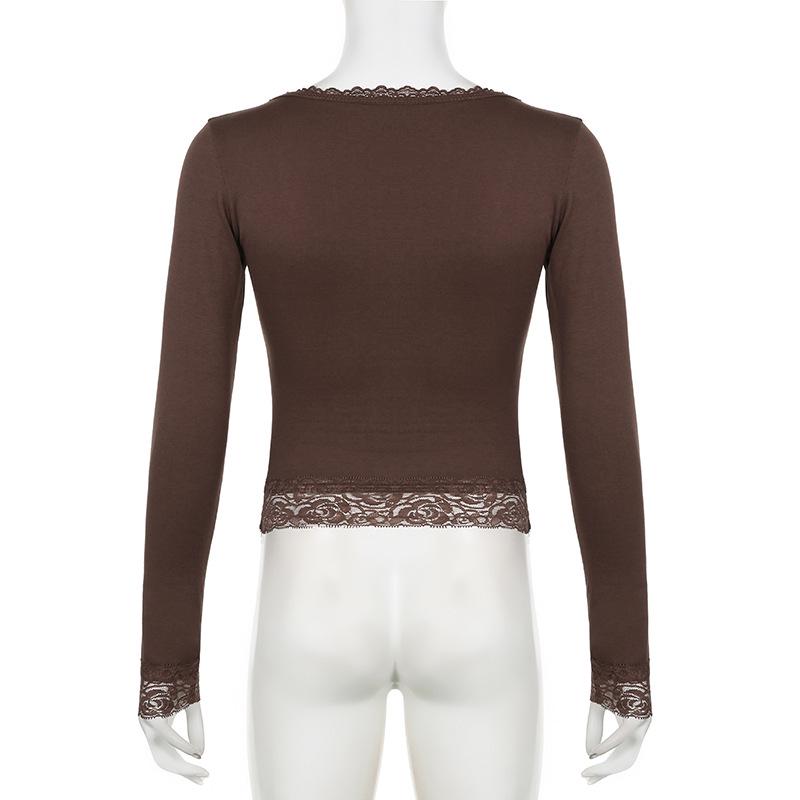 Sexy U-Neck Lace Bow Slim Fit Long Sleeve Y2K T-Shirt for Spring & Autumn