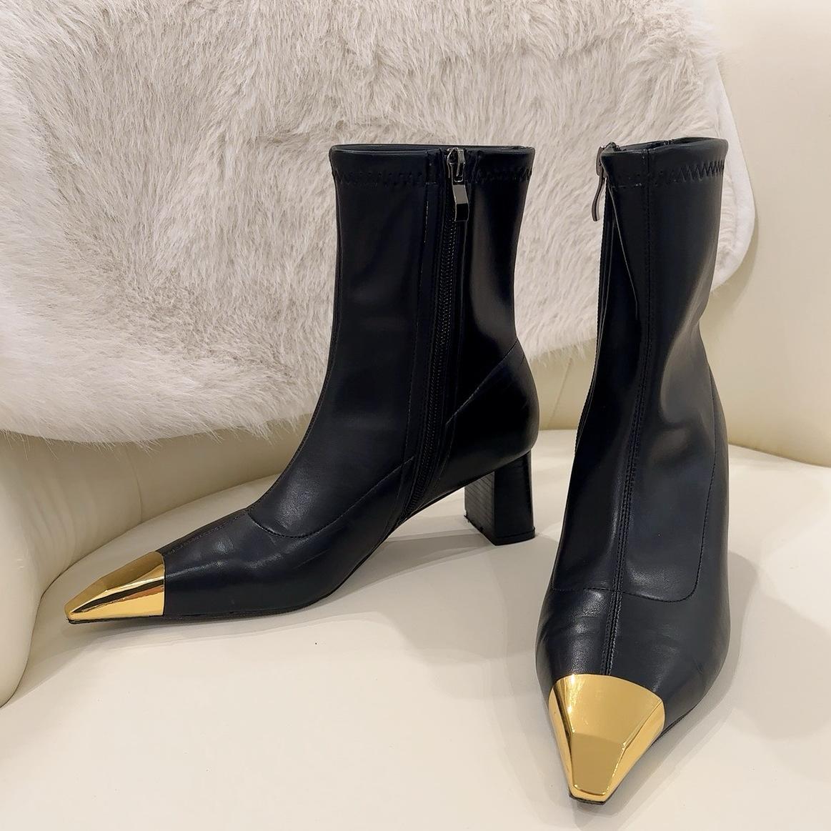 

24X1 high-heeled short boots women s 2025 new autumn and winter metal square head black fashion thin heel French temperament high heels 40