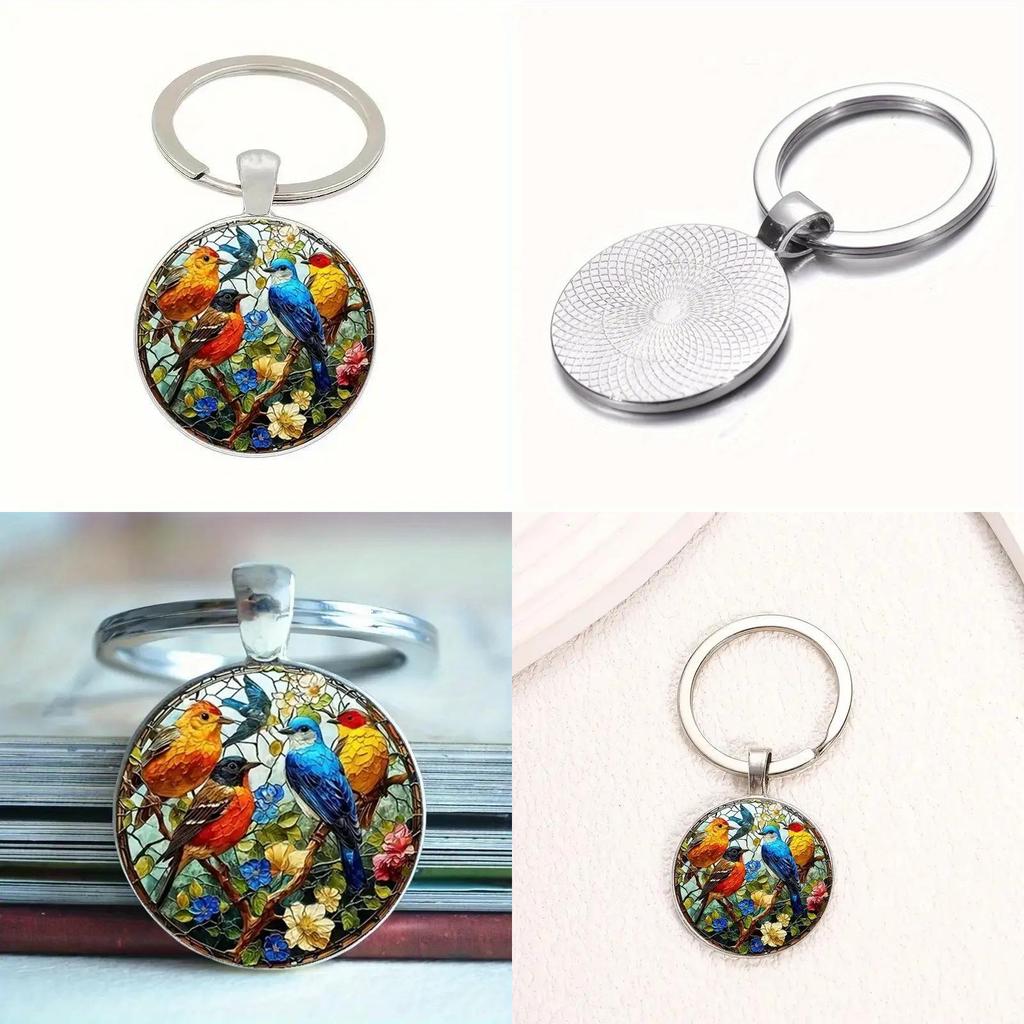 Watercolor Bird Group Glass Keyring With Alloy Material For Gift And Everyday Use