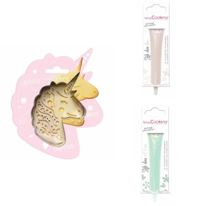 Kit pour biscuit en relief Licorne + 2 Stylos au chocolat blanc et vert d'eau