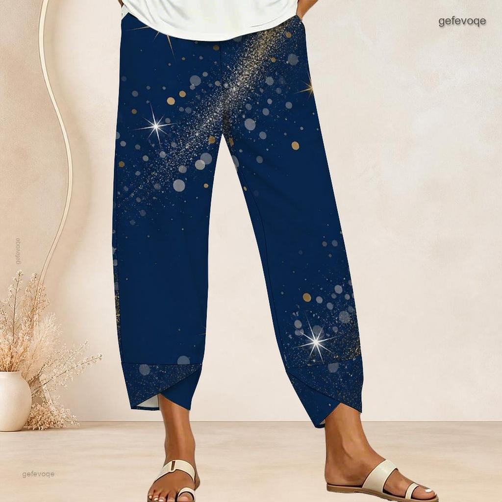 Women Plus Size Cross Hem Long Pants Burst Star Glitter Patriotic Print Loose Casual Trousers