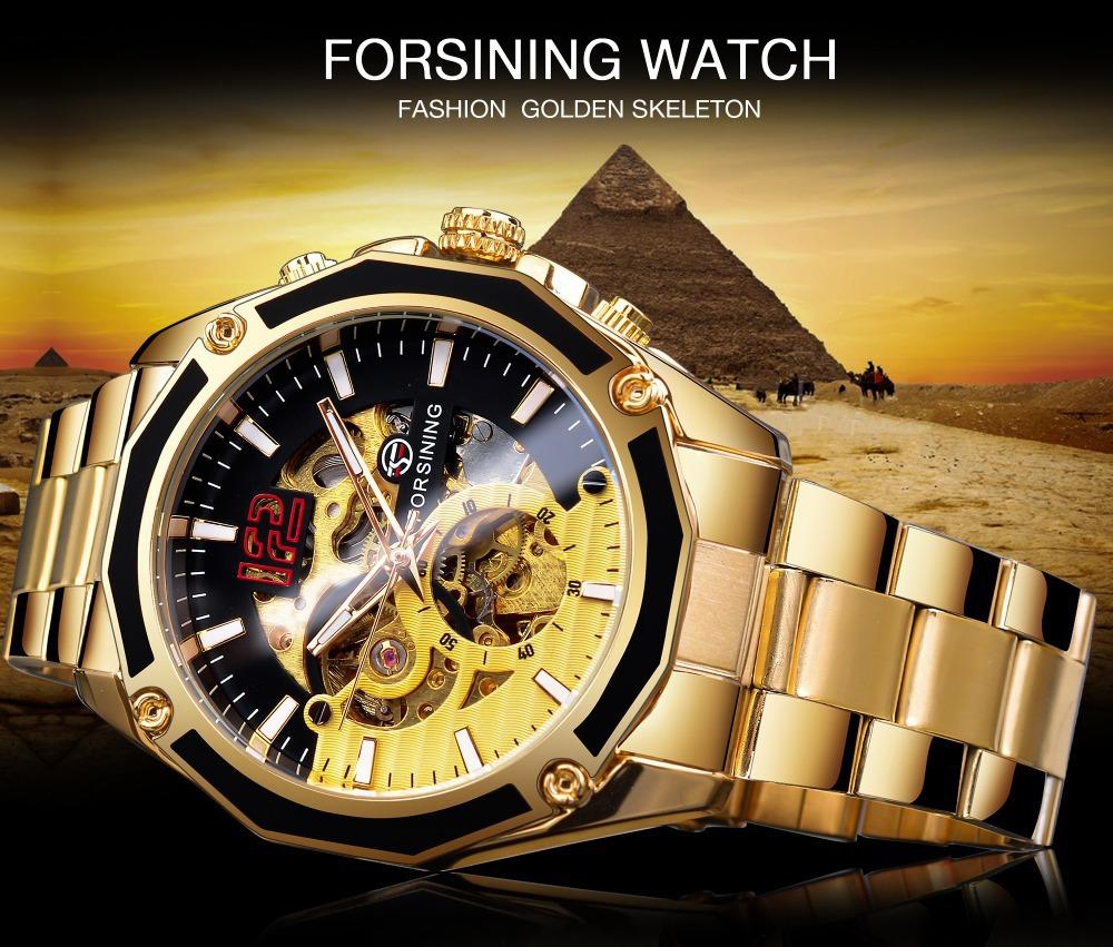 Luxuriöse mechanische Armbanduhren, goldenes Skelett-Zifferblatt, Edelstahlstreifen, automatische Uhren für Männer, transparente Uhr