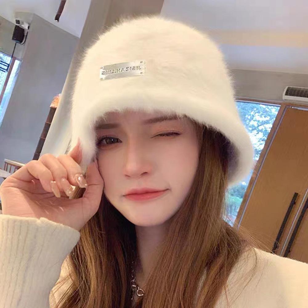 Rabbit fur hat women's winter versatile bucket hat shows a small washbasin hat thickened plush warm knitted cold hat