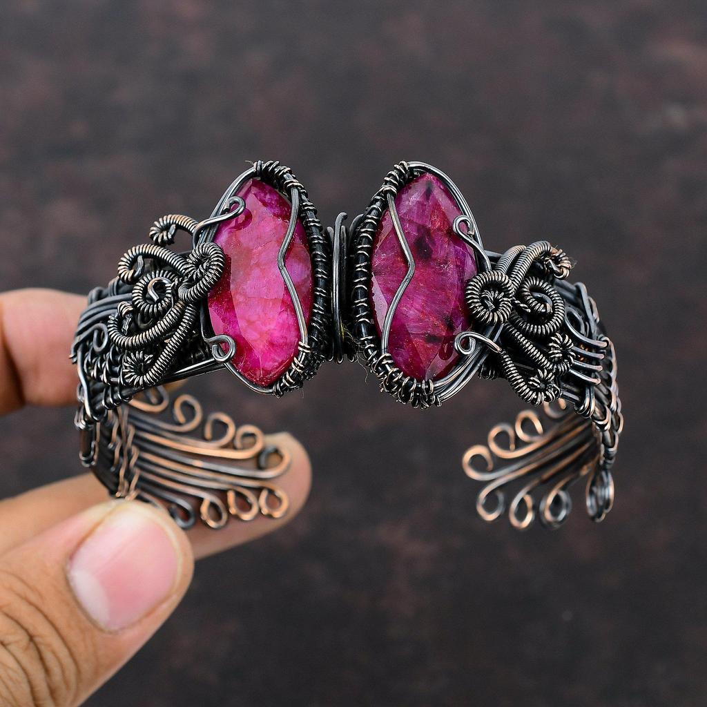 Faceted Kashmir Ruby Bangle Copper Wire Wrapped Cuff Bracelet Adjustable Bangle Handmade Gemstone Cuff Copper Wire Jewelry Anniversary Gifts