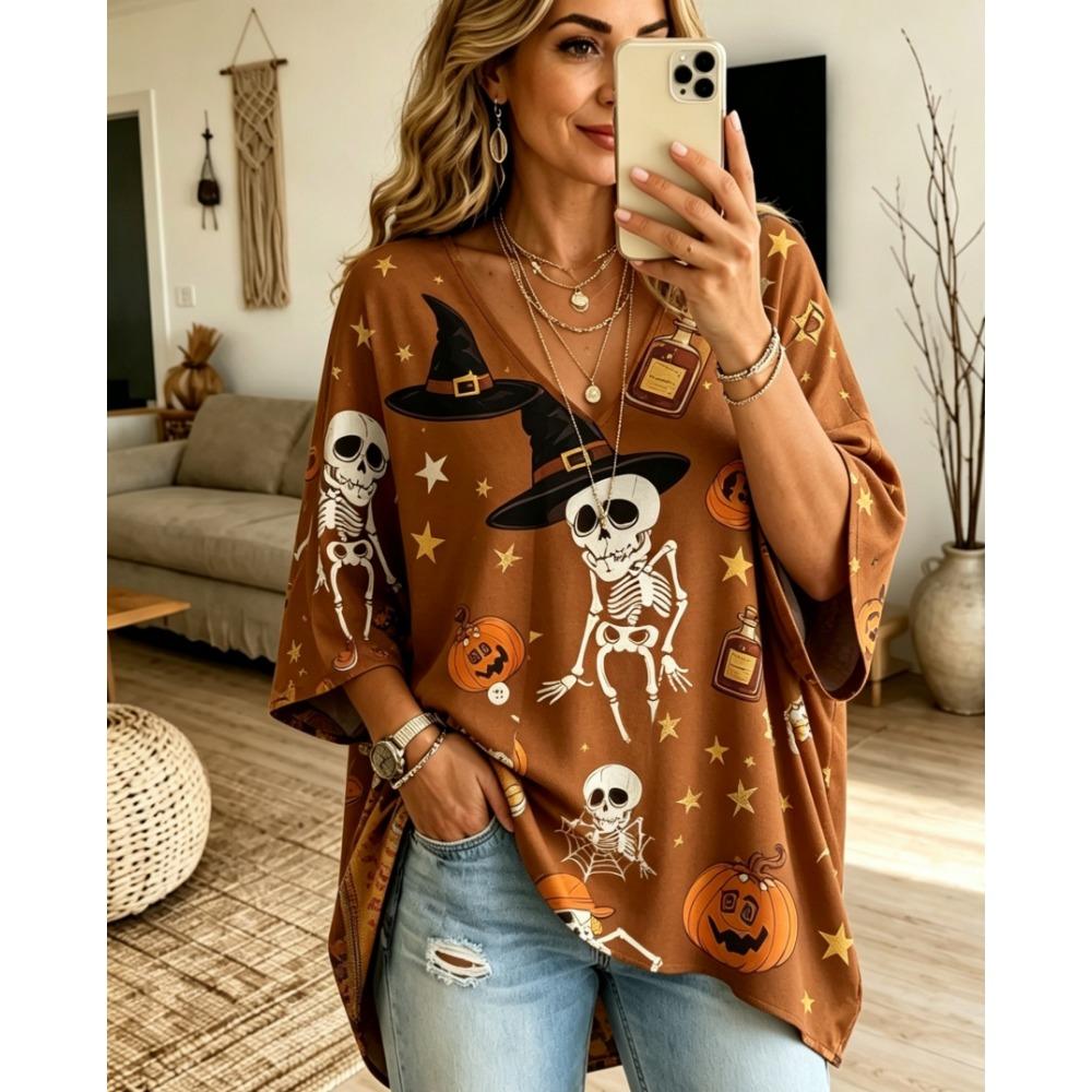 Halloween Printed T-shirt, Pumpkin Lantern Ghost T-shirt, Plus Size Women's V-neck Bat Sleeve Seven Quarter Sleeve Casual Top