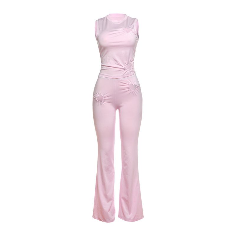 

Cnyishe Fashion Temperament Gyaru Hollow Heart-Shaped round Neck Slim Fit Vest Low Waist Skinny Pants Two-piece Set Pink S