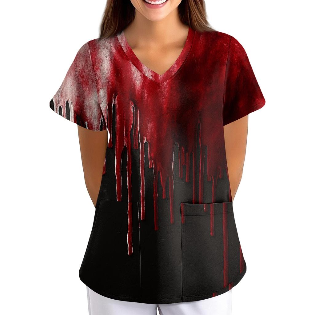 Damen Halloween Bedruckt Locker V-Ausschnitt Tasche Kurzarm Uniform  Uniform