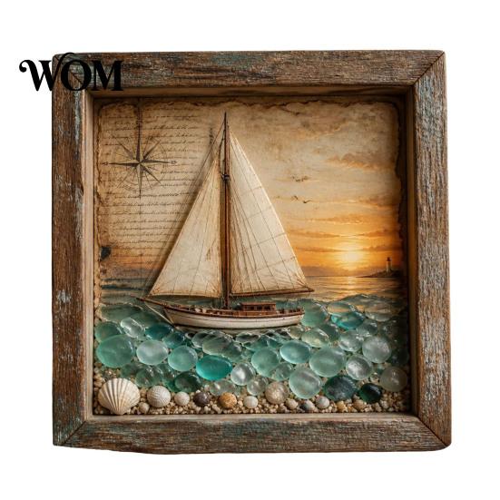 Decorative Picture Frame Sea Glass Art Painting with LED Light, DIY Mosaic Arts and Craft Kit, Light Ocean Themed Beach Kit for Home Office Bookshelf