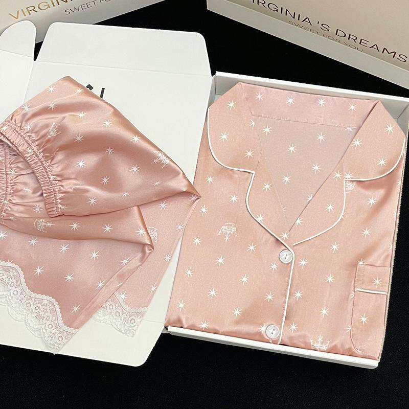 Star Floral Sweet Pajamas Women S Ice Silk Summer Short-Sleeved Shorts Student Dormitory Loungewear M