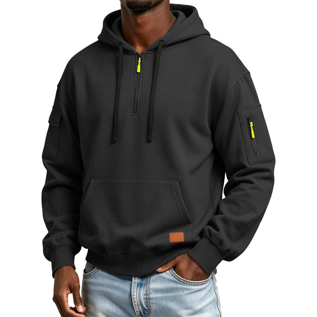 Men's Color Hooded Sweatshirt with Leather Patch and Pockets, Comfortable Casual Everyday Pullover