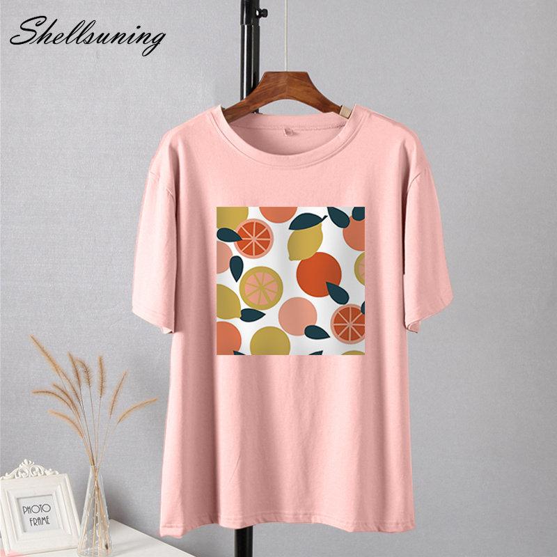 Shellsuning Casaul Kawaii Fruit Printed T Shirt Women Loose O Neck Short Sleeve Base Tees Female Simple Cotton Trendy White Tops