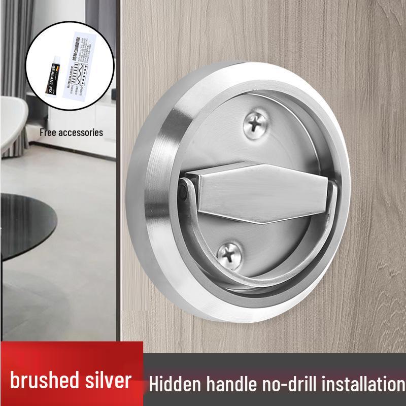 No-Drill Stainless Steel Hidden Door Pull Handle with Lock - Invisible Round Sliding Ring for TV Background Wall
