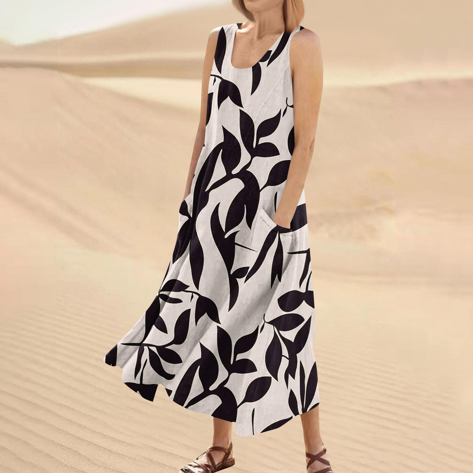 

Женское модное повседневное однотонное хлопковое льняное платье без рукавов с карманами XL бежевый