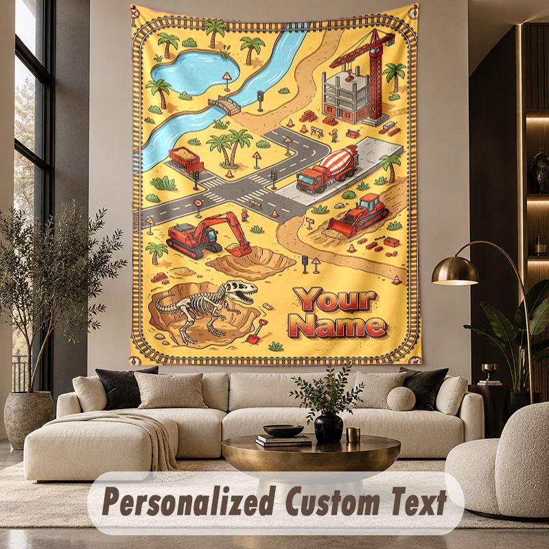Construction Vehicles (19) Theme Custom Tapestry Personalized Custom Name Text Wall Hanging Tapestry Home Decor Background Cloth