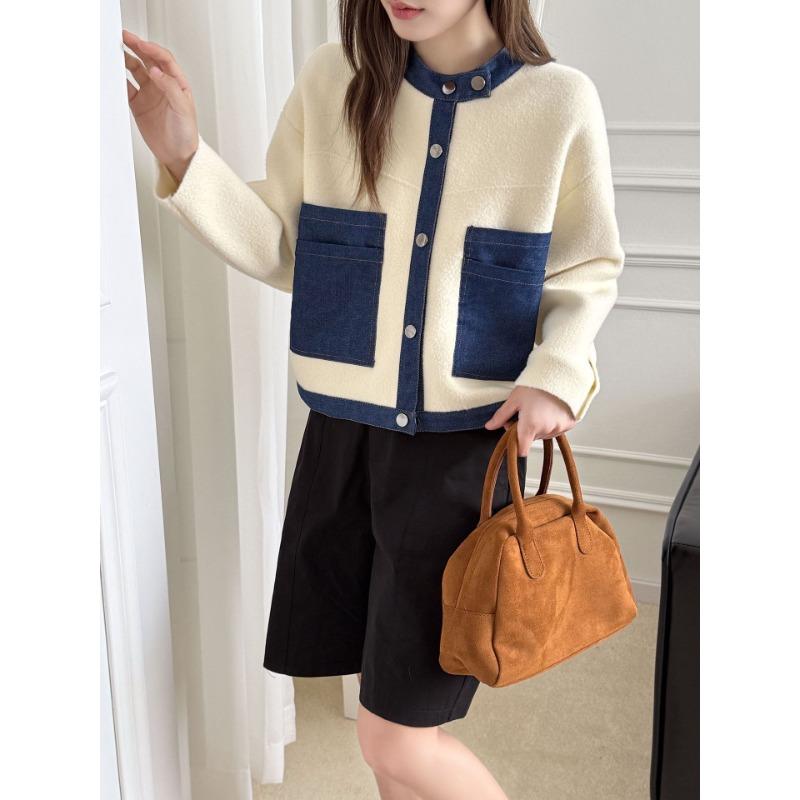 

Короткий вязаный кардиган из денима в стиле пэчворк, двухсторонний, новый осенне-зимний, свободного дизайна, свитер-куртка женский one size fits all