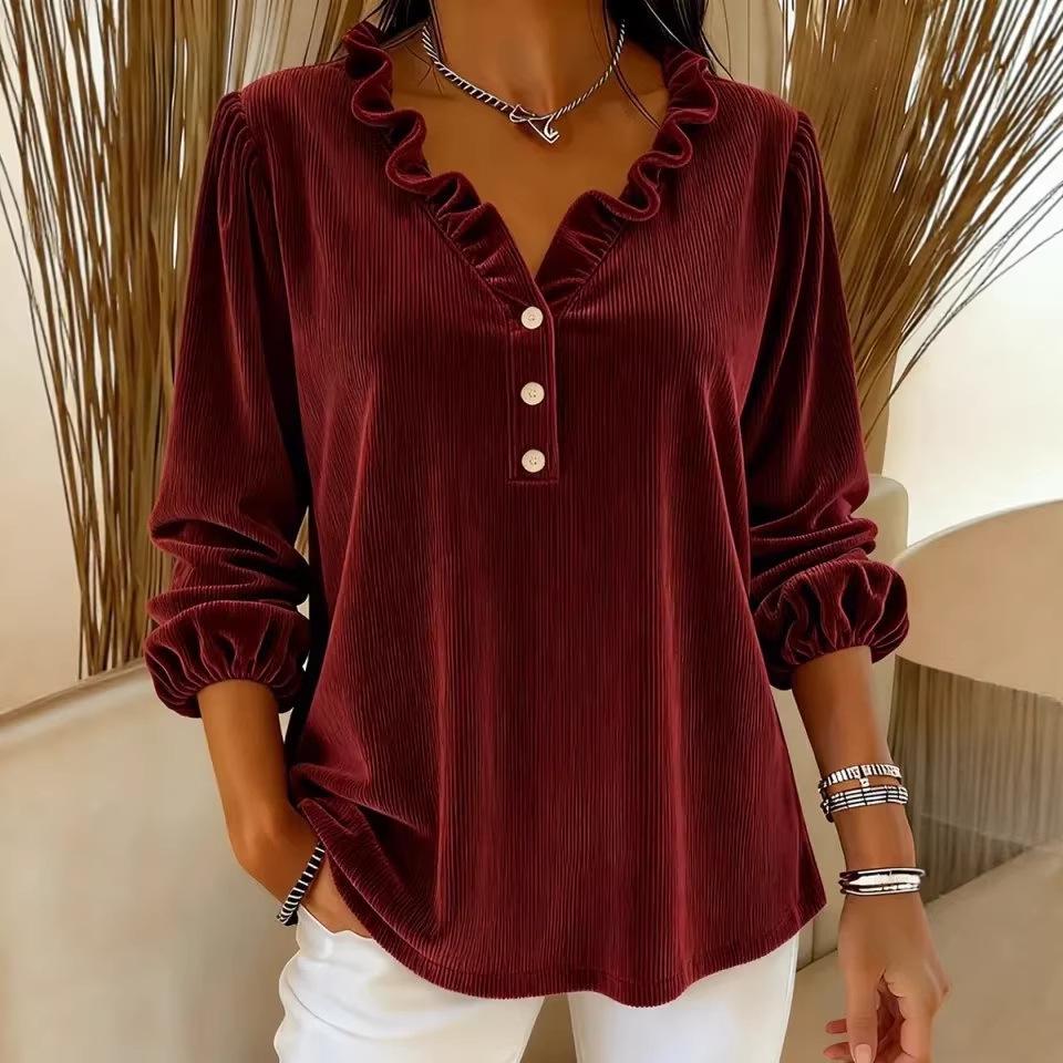 Women's Corduroy Ruffle Collar V-Neck Long Sleeve Top