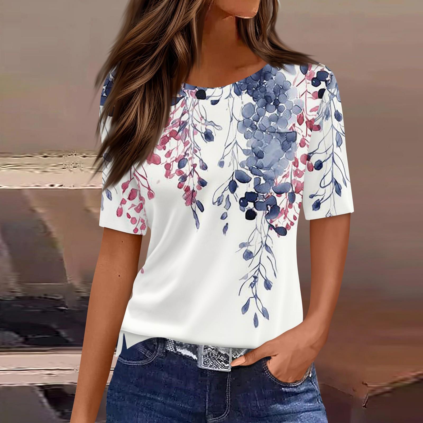 

Футболки для жінок плісировані з круглим вирізом Одягнені повсякденні блузки з принтом з короткими рукавами Літні топи вільного крою XL