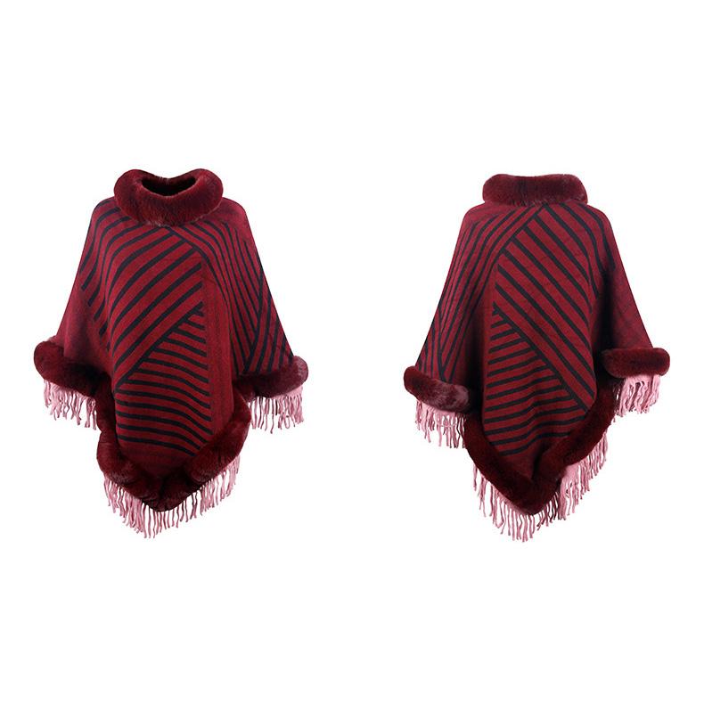 Autumn and Winter Women Stripe Loose Bat Sleeve Cross Border Cloak Cardigan Knitwear Half High Collar Sweater