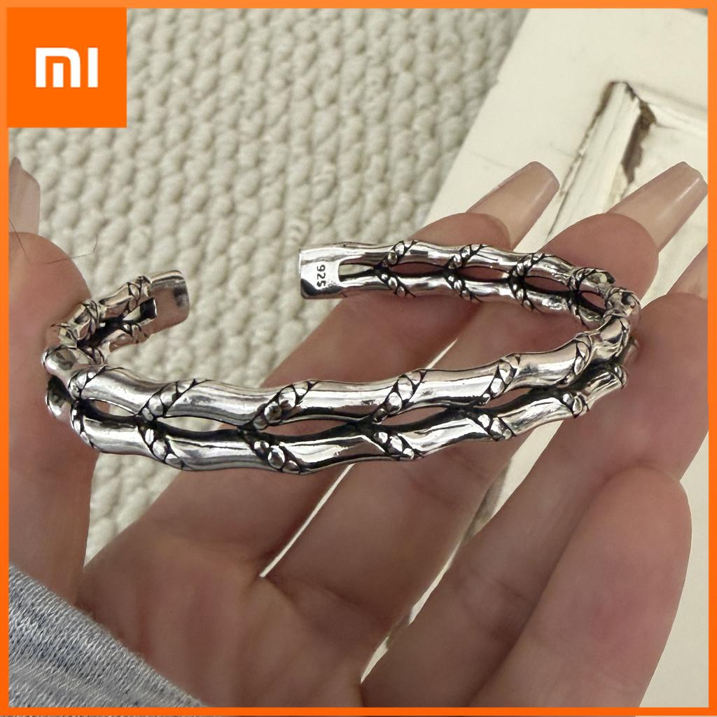 Xiaomi 100% Solid 925 Sterling Silver Retro Bracelet for Women Men Vintage Handmade Double Layered Strip Simple Bracelet Birthday Gift