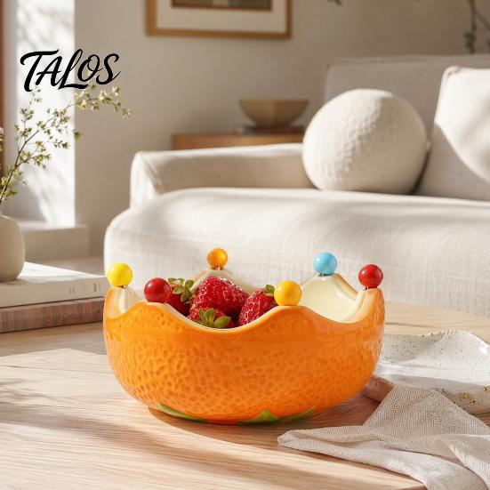 Fruit Plate with Fruit Fork, Ceramic Fruit Bowl, Orange Decorative Snack Serving Dish, for Kitchen Counter And Dining Table