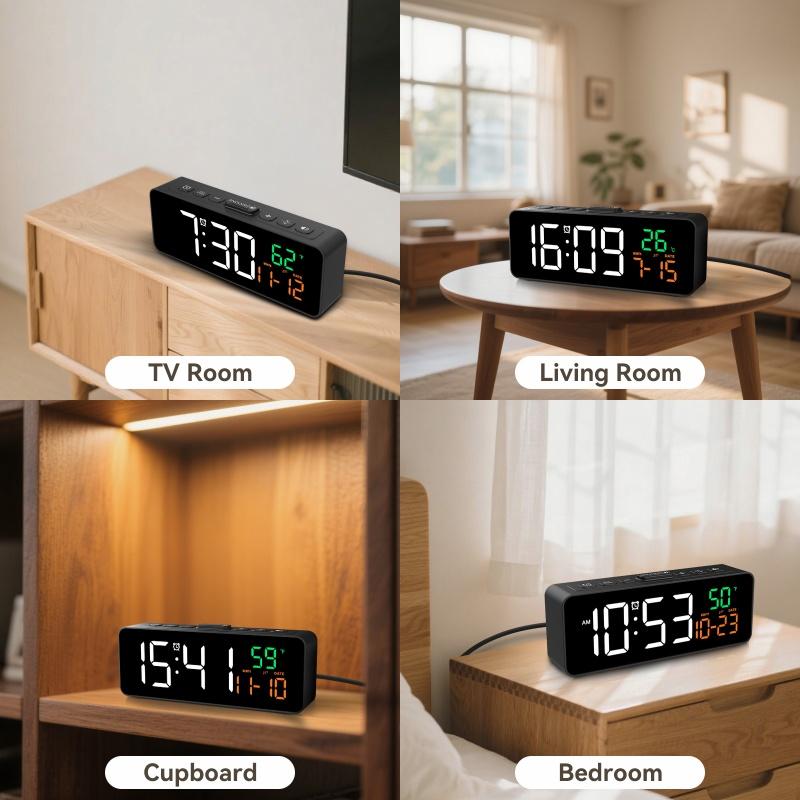 USB Powered Digital Alarm Clock TEMP Date Display 5 Levels Brightness Snooze Table Clock 3 Levels Alarm Volume 12/24H LED Clock