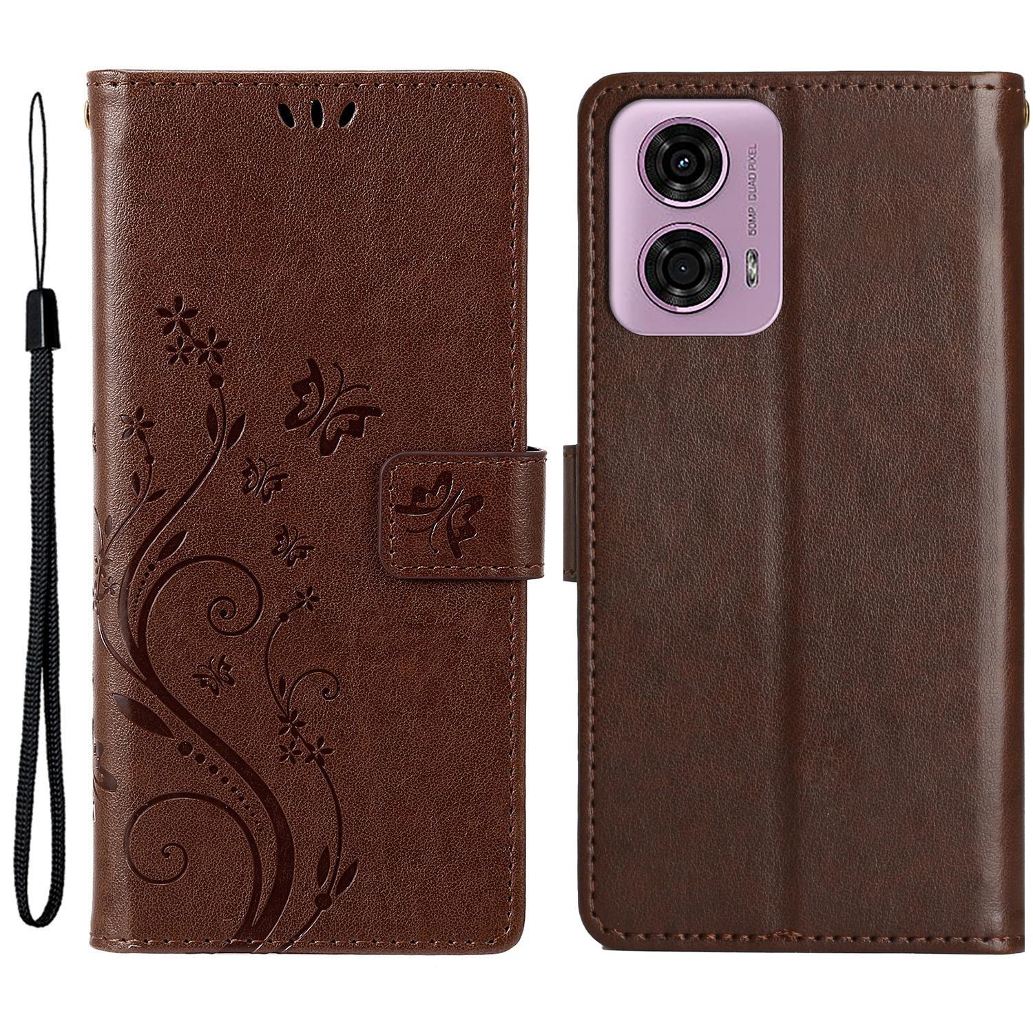 

For Motorola Edge (2024) 5G Case Phone Leather Cover Butterfly Flower Pattern Brown