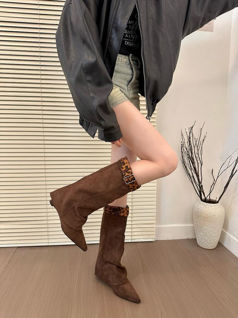 Hot Girl Oni! Trendy Leopard Print Pointed Toe Wedge Trouser Boots Women's Autumn Detachable Belt Buckle Mid-leg Boots