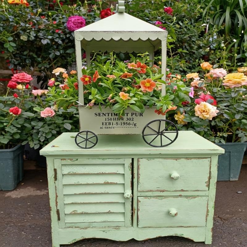 Decorative Garden Flower Cart Planter, Iron Wagon Pot Display with Canopies and Open Storage Tray for Home Patios Courtyards Display