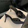 Fashion SUOJIALUN 2025 Summer New Brand Women Slipper Fashion Open Toe Slip On Slides Ladies Elegant Thin High Heel Dress Pumps Slides
