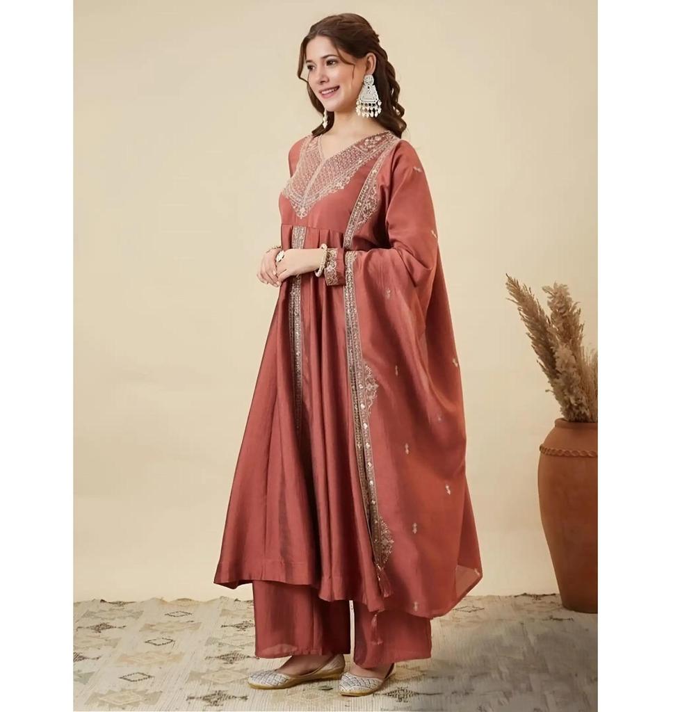 Women Designer Embroidered Anarkali Kurta, Bottom & Dupatta Set