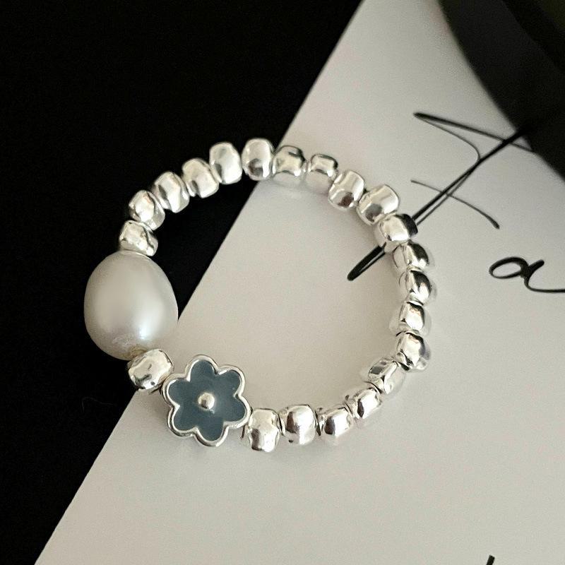 Banyan Tree S925 Silver Blue Glaze Flower Pearl Ring