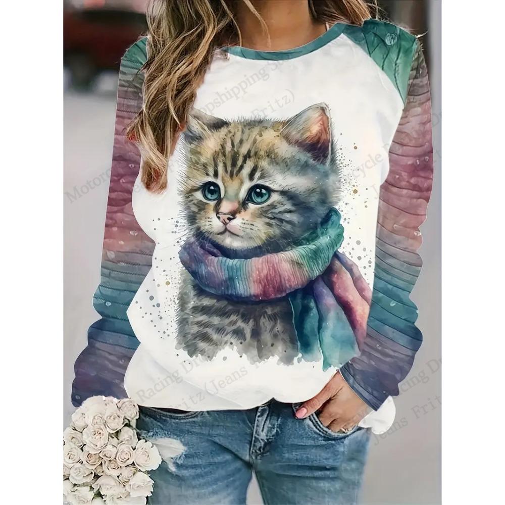 Lustige Cartoon-Katzen 3D-gedruckte Sweatshirts für Damen, modische Tier-Sweatshirts mit Rundhalsausschnitt für Damen, lässige Langarmbekleidung