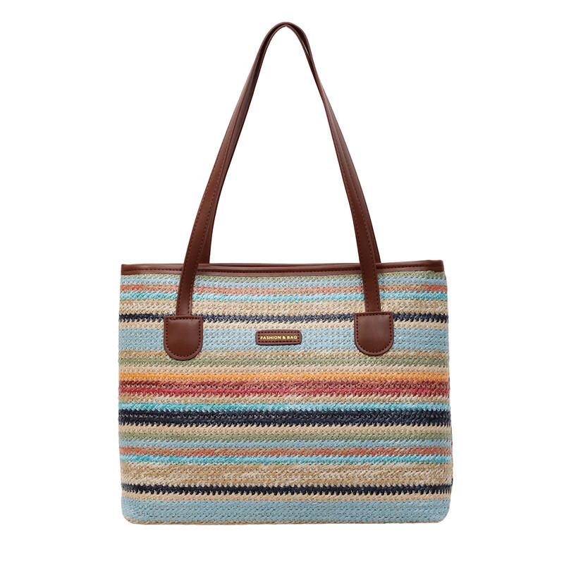 IELGY Ladies Shoulder Bag Striped Woven Large Capacity Vacation Bag