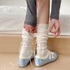 White Ruffled Calf Socks with Floral Heel & Ribbon Bow, Girly Korean Style - Perfect for Spring & Summer