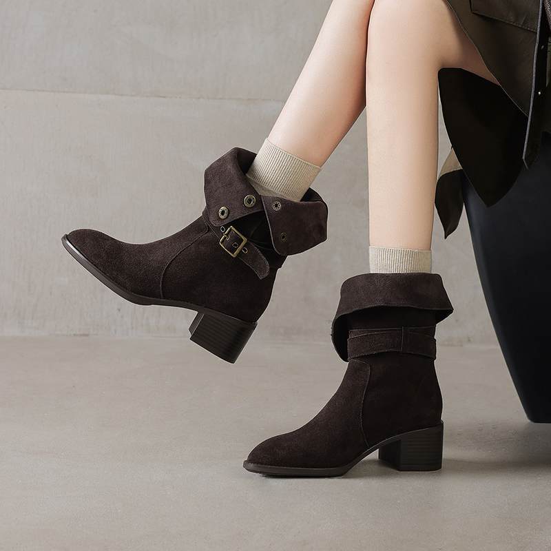 Krazing Pot Cow Suede Nubuck Winter Round Toe Modern Boots Med Heels Slip on Metal Rivets Women Mid-calf Boots