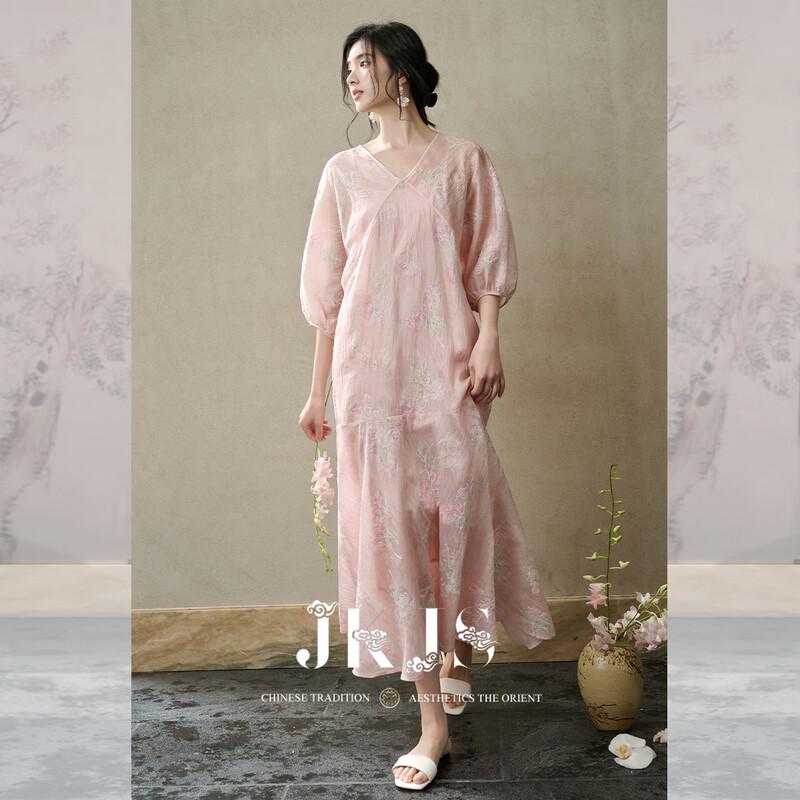 JK&JS Tencel Linen Embroidered New Chinese Style V-Neck Summer Maxi Dress