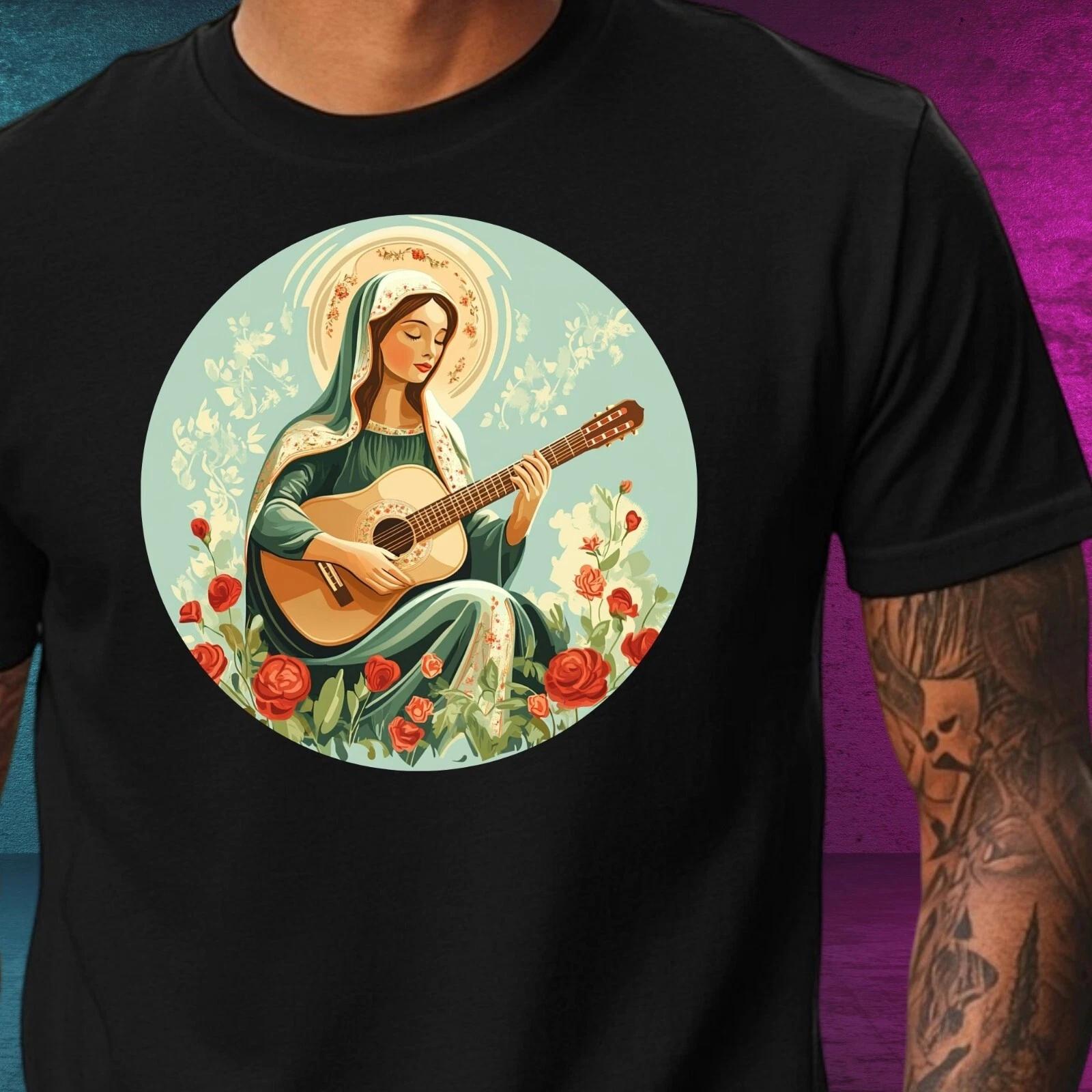 T-Shirt Herren Jungfrau Maria spielt Gitarre Motiv Baumwolle Größe XS bis 5XL XL