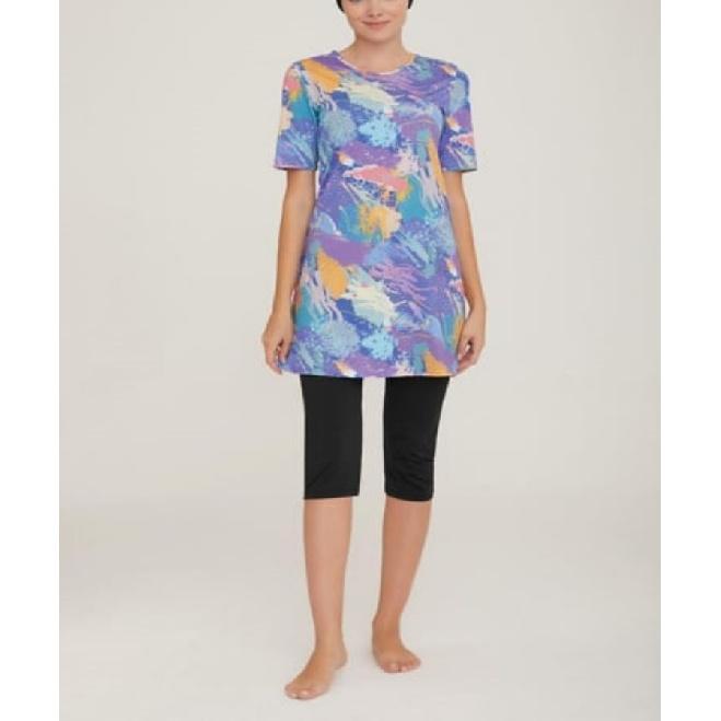 

Комплект из двух предметов с разноцветным принтом, скромная пляжная одежда для мусульманок, купальник с короткими рукавами и полузакрытый, пляжная одежда, буркини, комплект купальника большого размера XL разноцветный