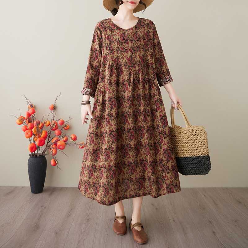 Spring and Summer New Vintage Cotton-Linen Round-neck Floral Pockets Long-Sleeved Dress for Women Loose Fit for Slimming - A-Line Skirt